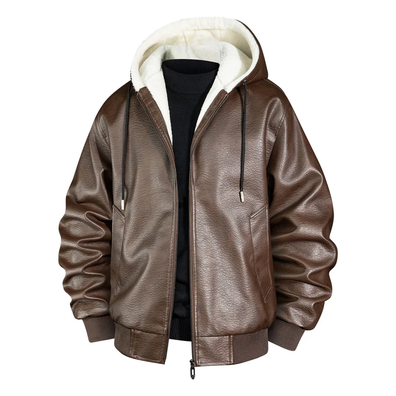 Herren Lederbomberjacke mit Teddyfutter und Kapuze Nord Taschen