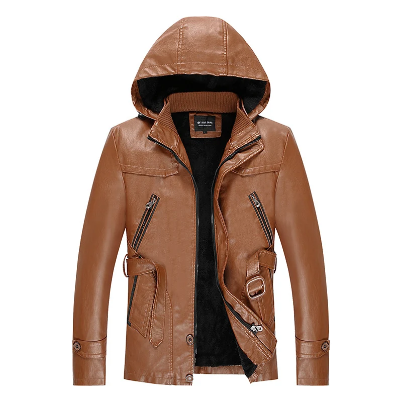Herren Lederjacke mit Kapuze und Teddyfutter, multifunktionale Utility-Bikerjacke Nord Taschen