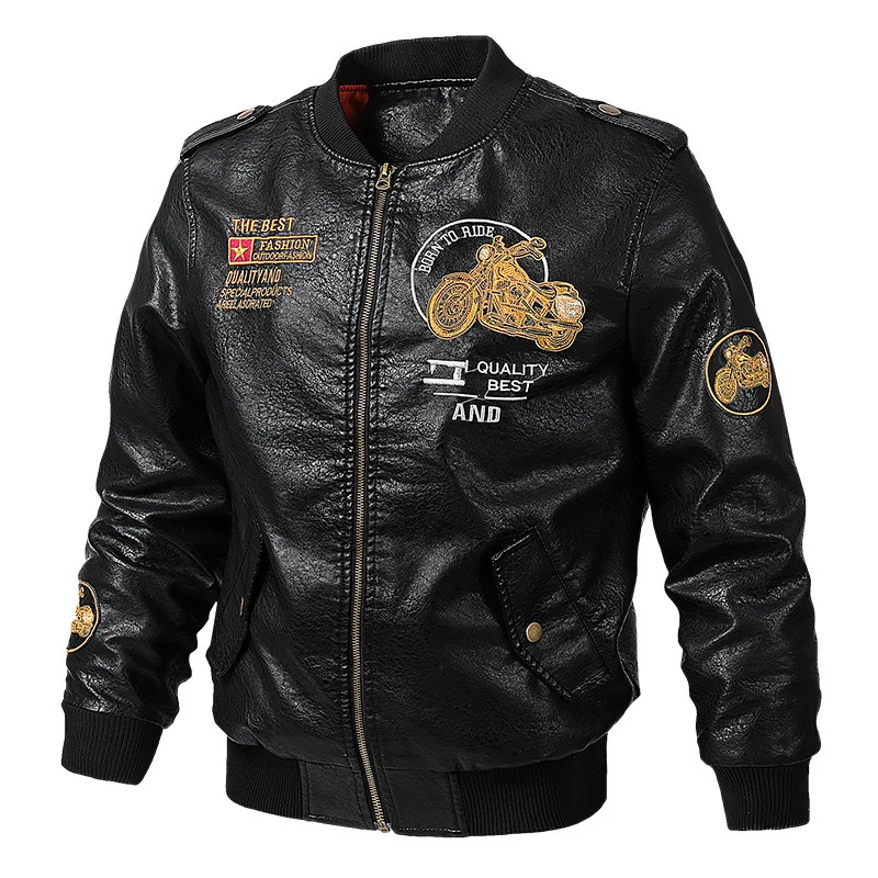 Herren Kunstleder-Bomberjacke im Aviator-Stil mit Motorrad-Stickereien, Schulterklappen und Pattentaschen Nord Taschen