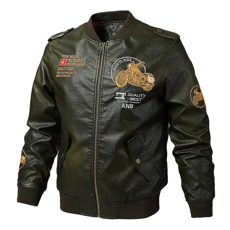 Herren Kunstleder-Bomberjacke im Aviator-Stil mit Motorrad-Stickereien, Schulterklappen und Pattentaschen Nord Taschen
