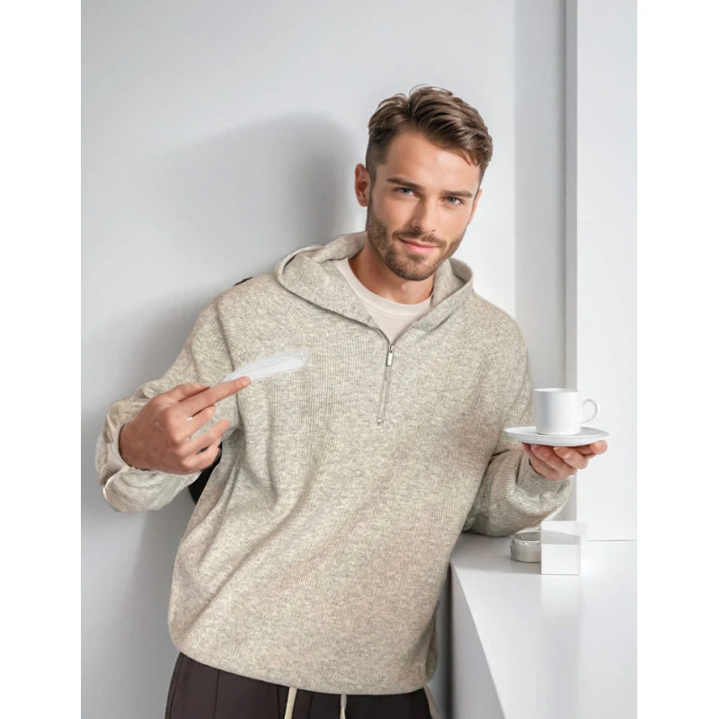 Herren Kapuzen-Halbzip-Pullover aus weichem Strukturstrick Nord Taschen