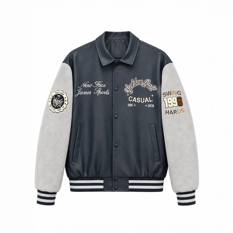 Herren Varsity-Lederoptik Collegejacke mit Kontrastärmeln, gestickten Patches und geripptem Saum Nord Taschen