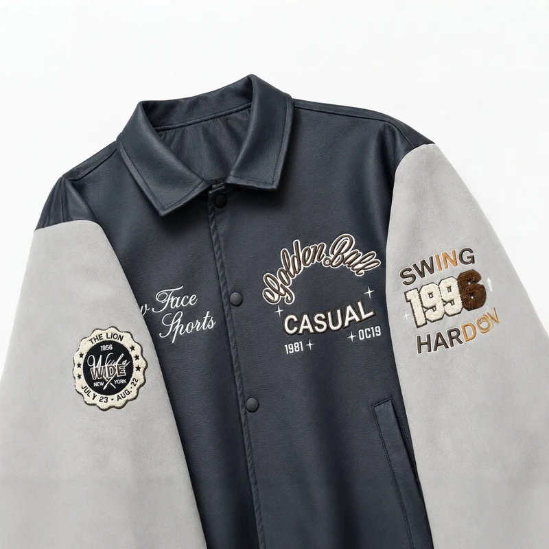 Herren Varsity-Lederoptik Collegejacke mit Kontrastärmeln, gestickten Patches und geripptem Saum Nord Taschen