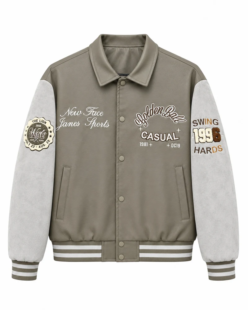 Herren Varsity-Lederoptik Collegejacke mit Kontrastärmeln, gestickten Patches und geripptem Saum Nord Taschen