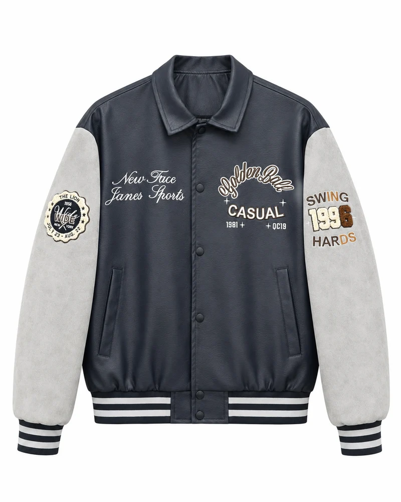 Herren Varsity-Lederoptik Collegejacke mit Kontrastärmeln, gestickten Patches und geripptem Saum Nord Taschen