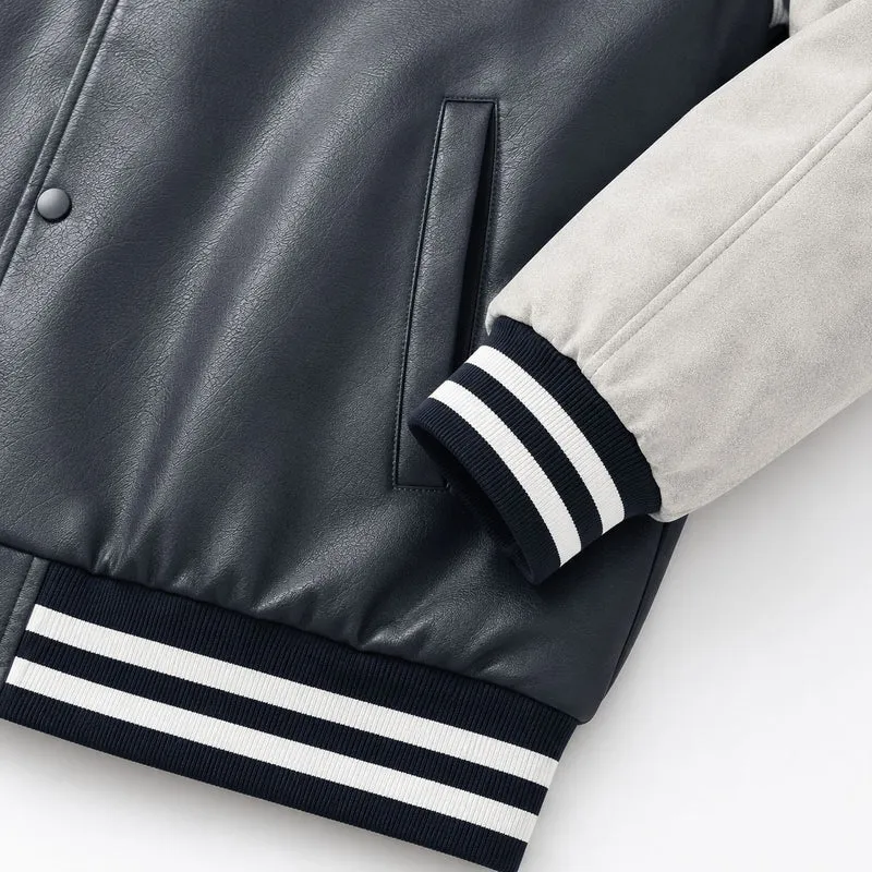 Herren Varsity-Bomberjacke im Retro-College-Stil mit Kunstlederkörper und Kontrastärmeln Nord Taschen