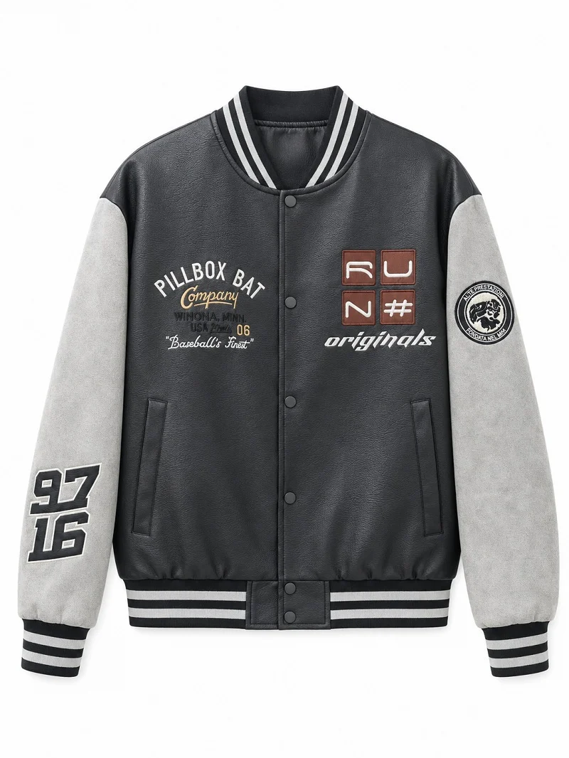 Herren Varsity-Bomberjacke im Retro-College-Stil mit Kunstlederkörper und Kontrastärmeln Nord Taschen