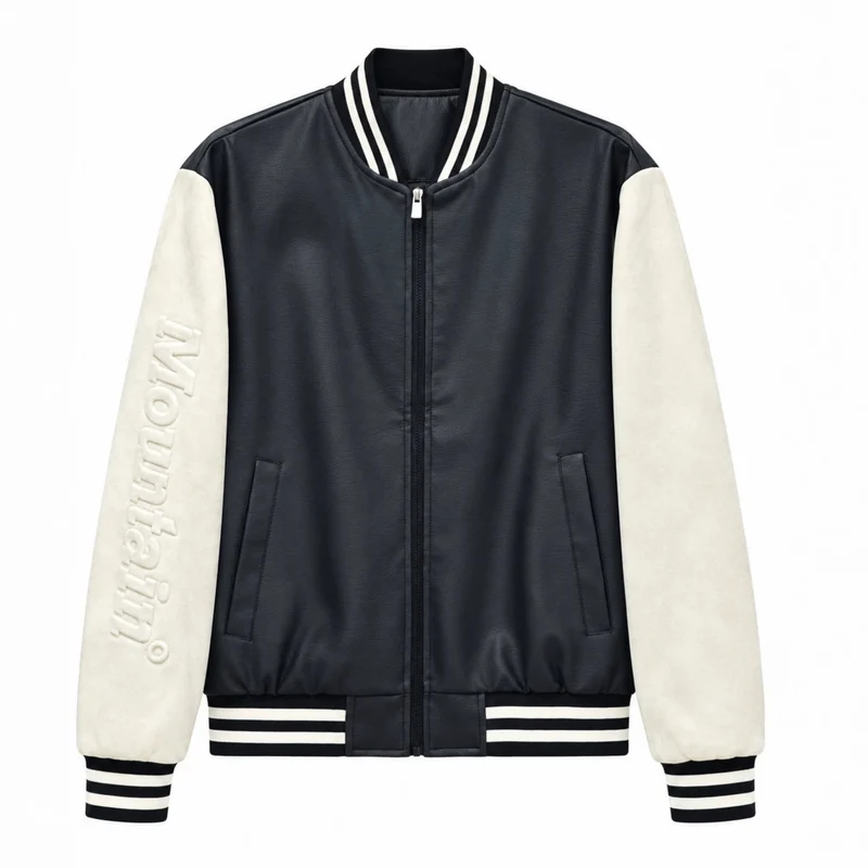 Herren Varsity‑Bomberjacke im College‑Stil mit Lederimitatkörper und kontrastierenden Wildlederärmeln Nord Taschen