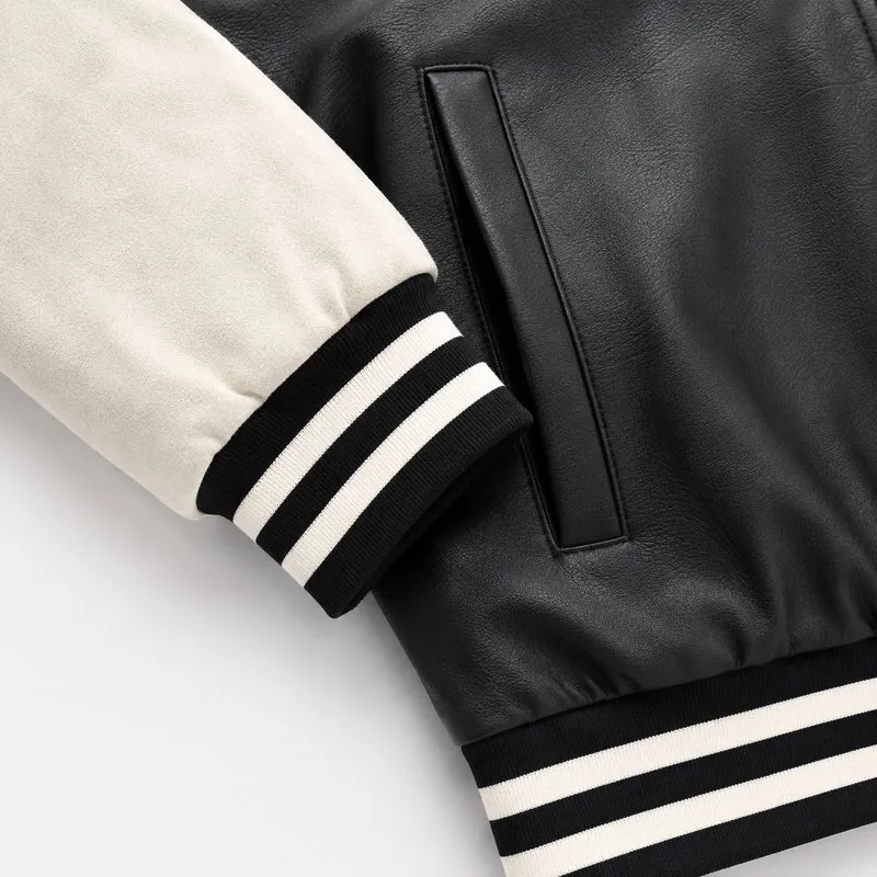 Herren Varsity‑Bomberjacke im College‑Stil mit Lederimitatkörper und kontrastierenden Wildlederärmeln Nord Taschen