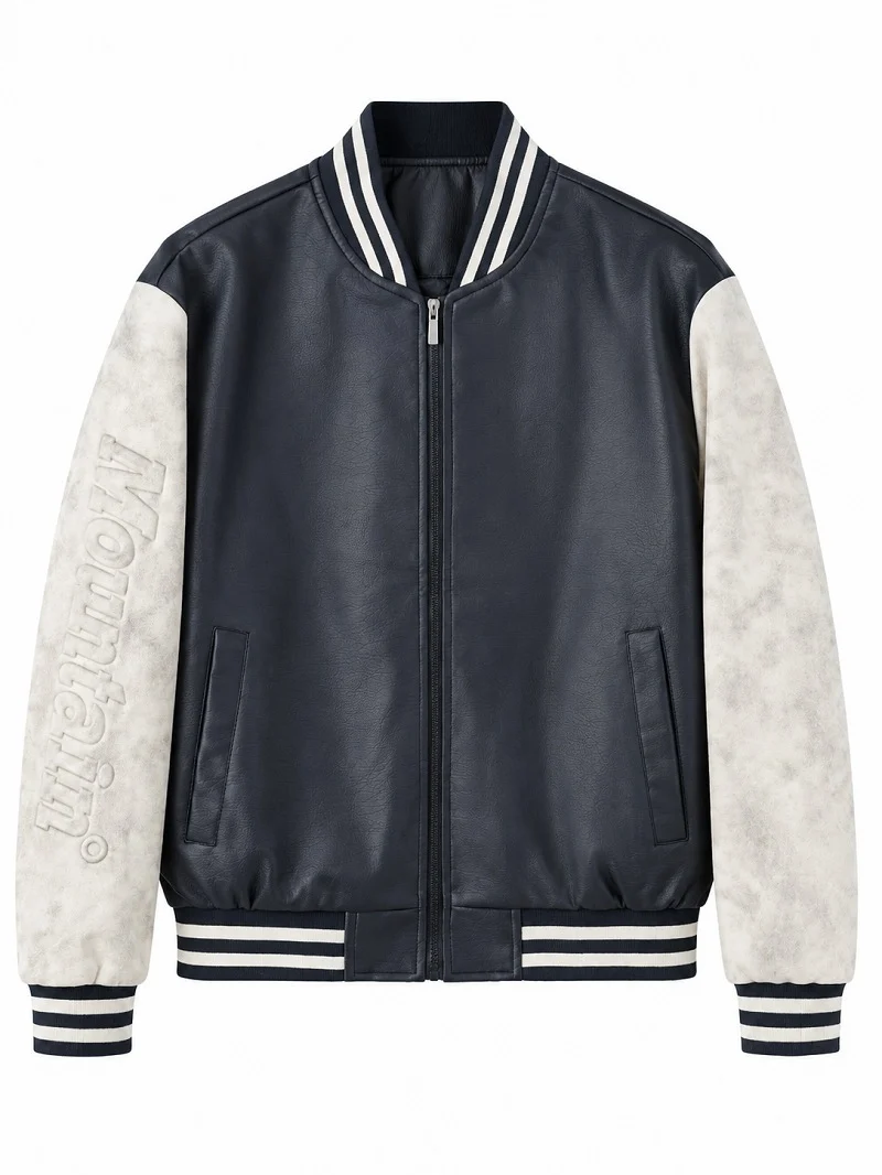 Herren Varsity‑Bomberjacke im College‑Stil mit Lederimitatkörper und kontrastierenden Wildlederärmeln Nord Taschen