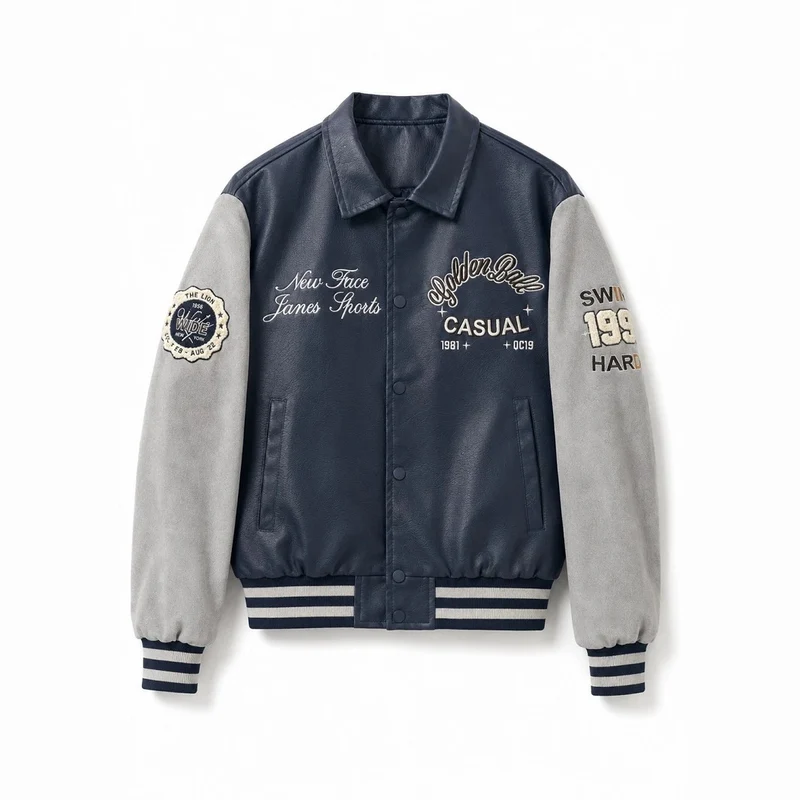 Herren Varsity-Bomberjacke im College-Stil mit Kunstleder-Körper, Veloursleder-Optikärmeln und bestickten Patches Nord Taschen
