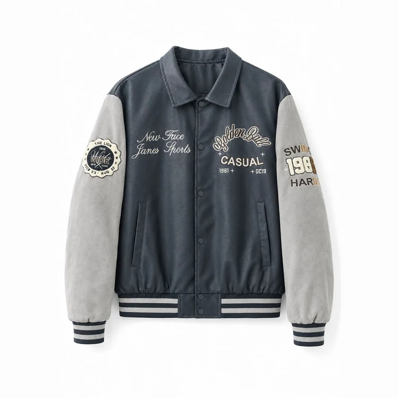 Herren Varsity-Bomberjacke im College-Stil mit Kunstleder-Körper, Veloursleder-Optikärmeln und bestickten Patches Nord Taschen