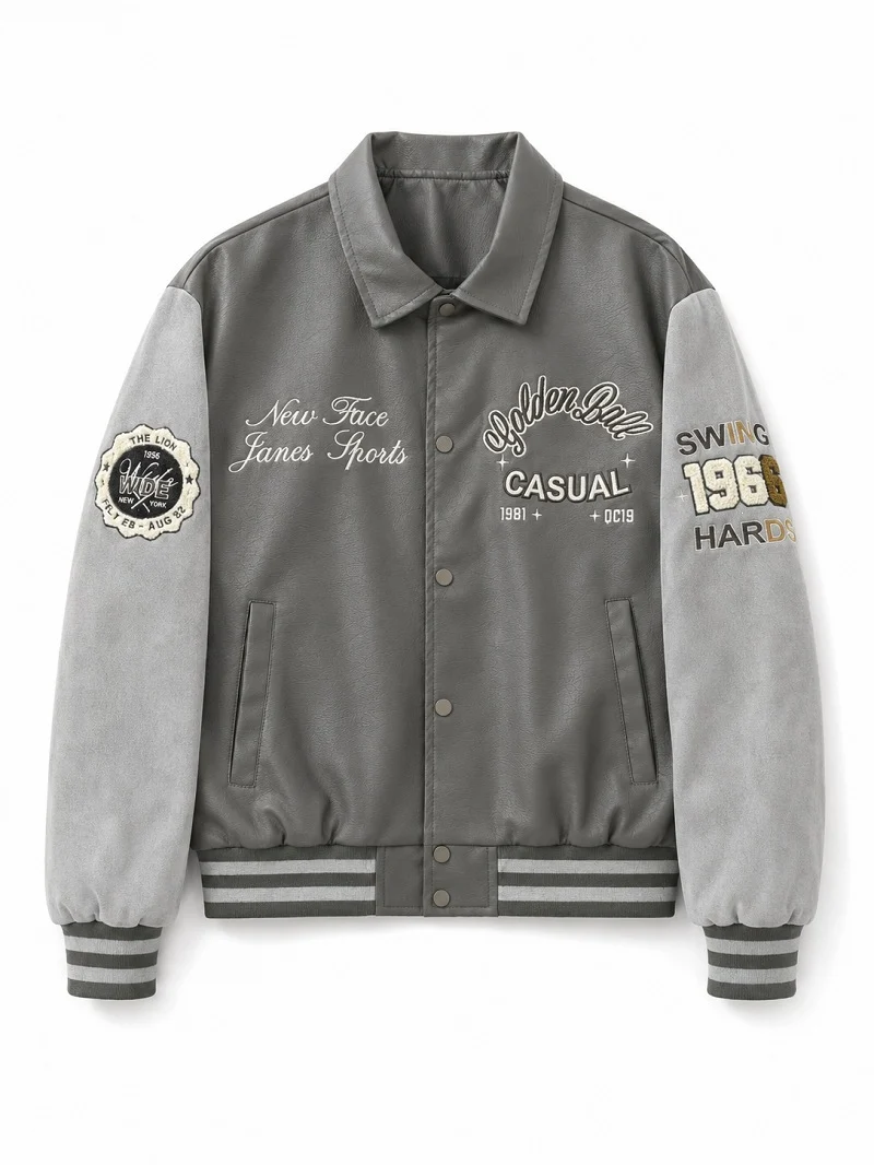 Herren Varsity-Bomberjacke im College-Stil mit Kunstleder-Körper, Veloursleder-Optikärmeln und bestickten Patches Nord Taschen