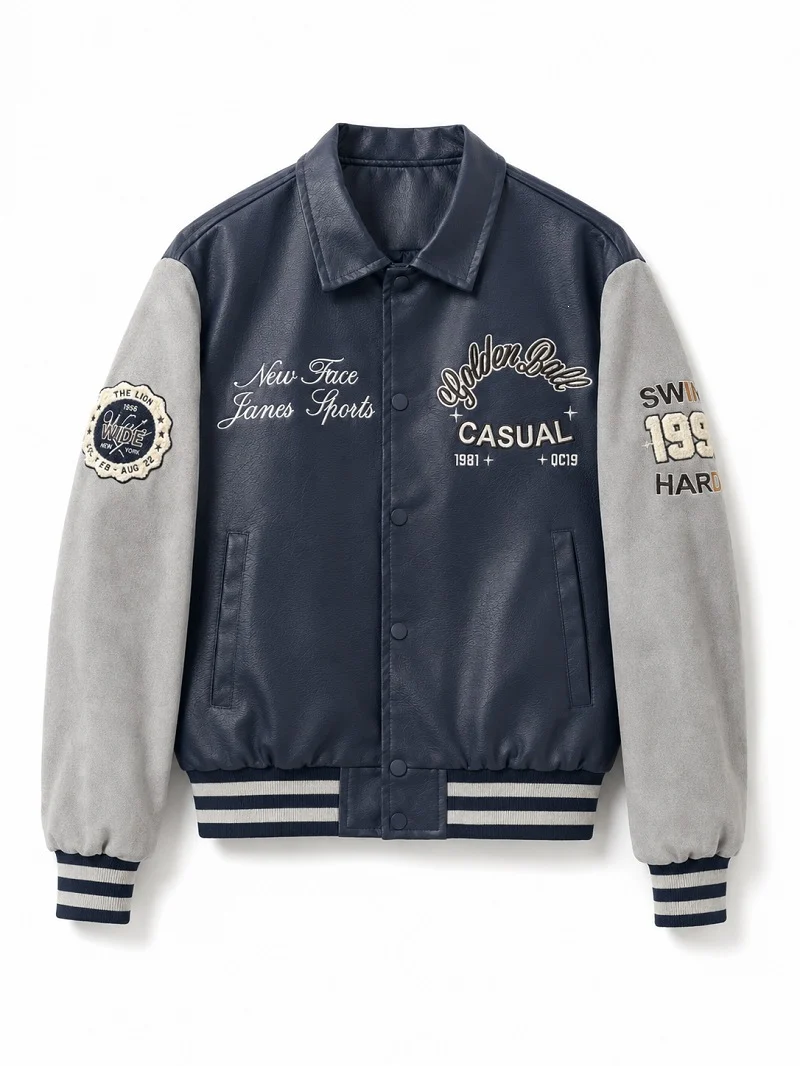 Herren Varsity-Bomberjacke im College-Stil mit Kunstleder-Körper, Veloursleder-Optikärmeln und bestickten Patches Nord Taschen