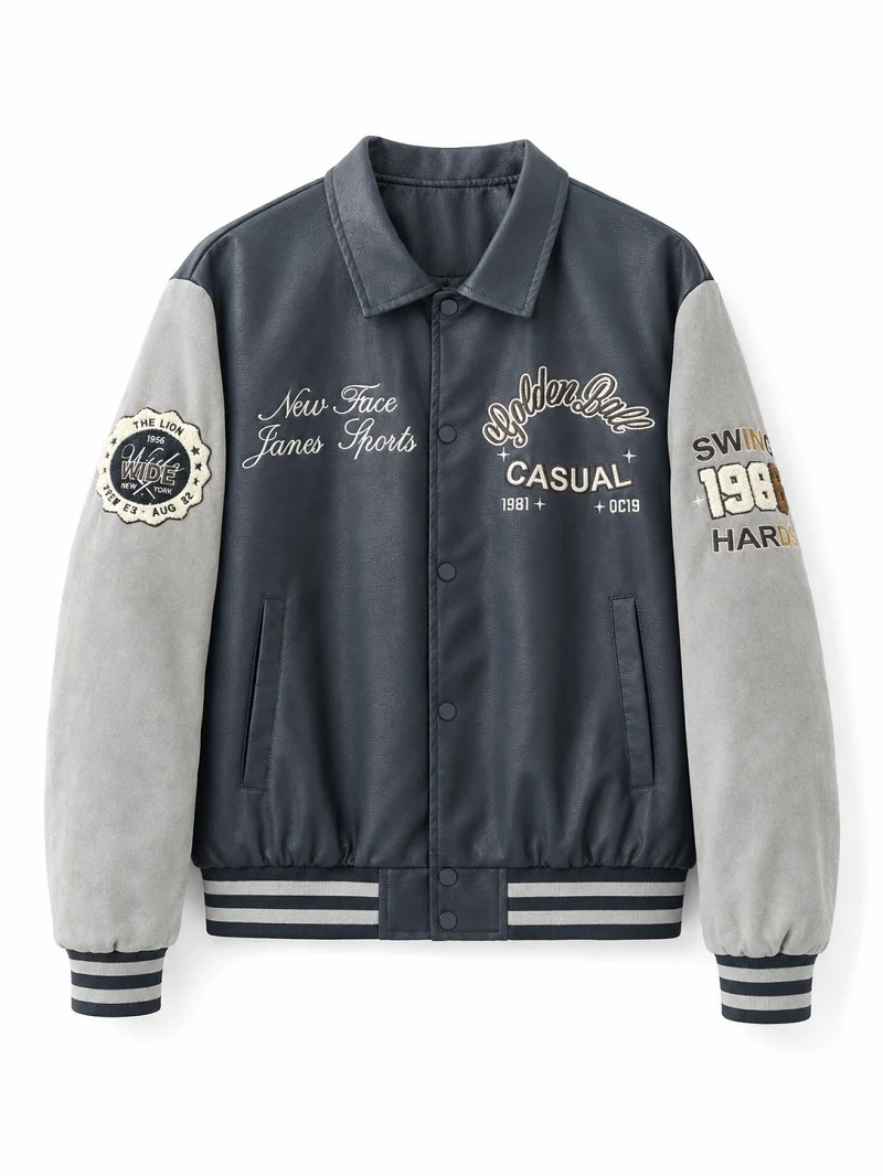 Herren Varsity-Bomberjacke im College-Stil mit Kunstleder-Körper, Veloursleder-Optikärmeln und bestickten Patches Nord Taschen