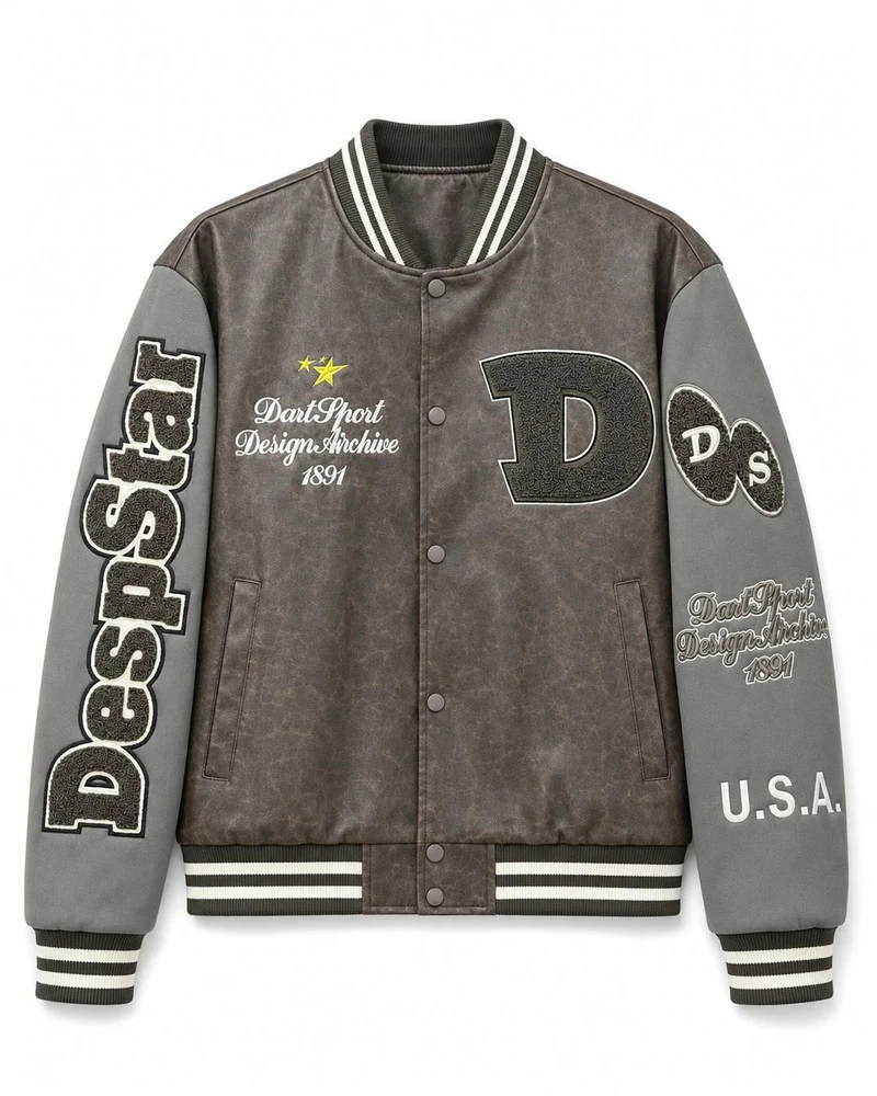 Herren Varsity-Bomberjacke im College-Stil aus Lederimitat mit Applikationen Nord Taschen