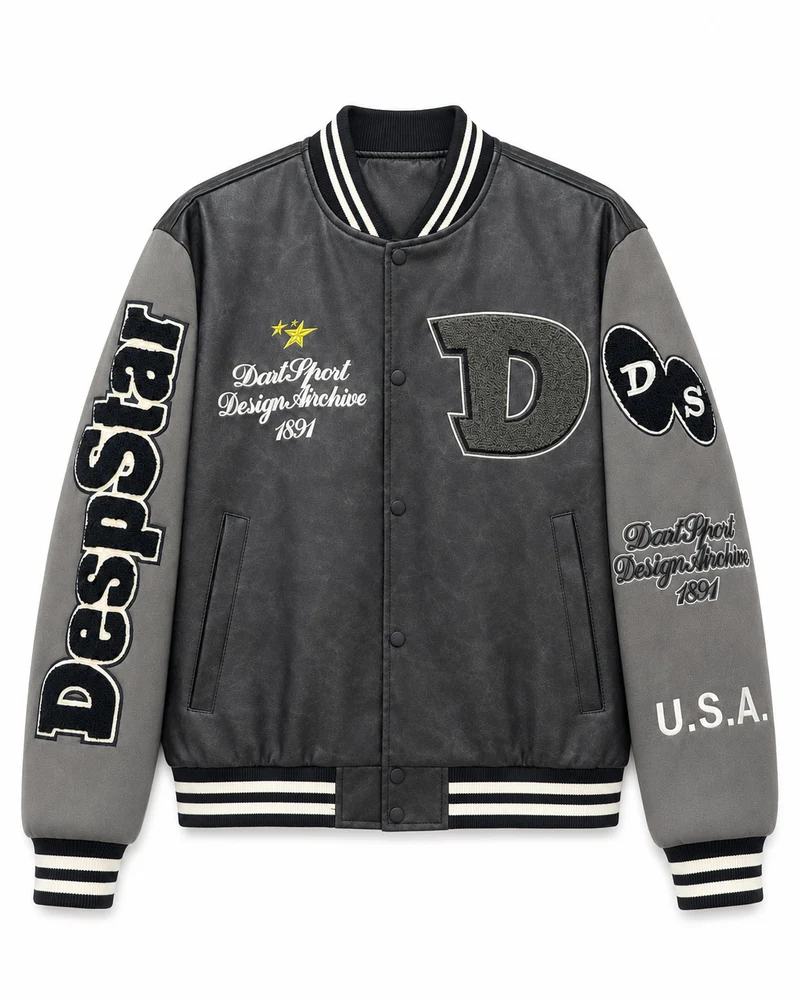 Herren Varsity-Bomberjacke im College-Stil aus Lederimitat mit Applikationen Nord Taschen