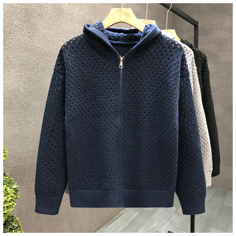 Unisex Leichte Lochstrick-Kapuzenzipjacke mit Ajourmuster Nord Taschen