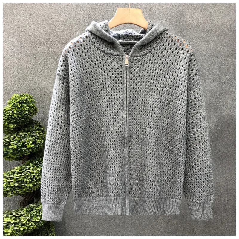 Unisex Leichte Lochstrick-Kapuzenzipjacke mit Ajourmuster Nord Taschen