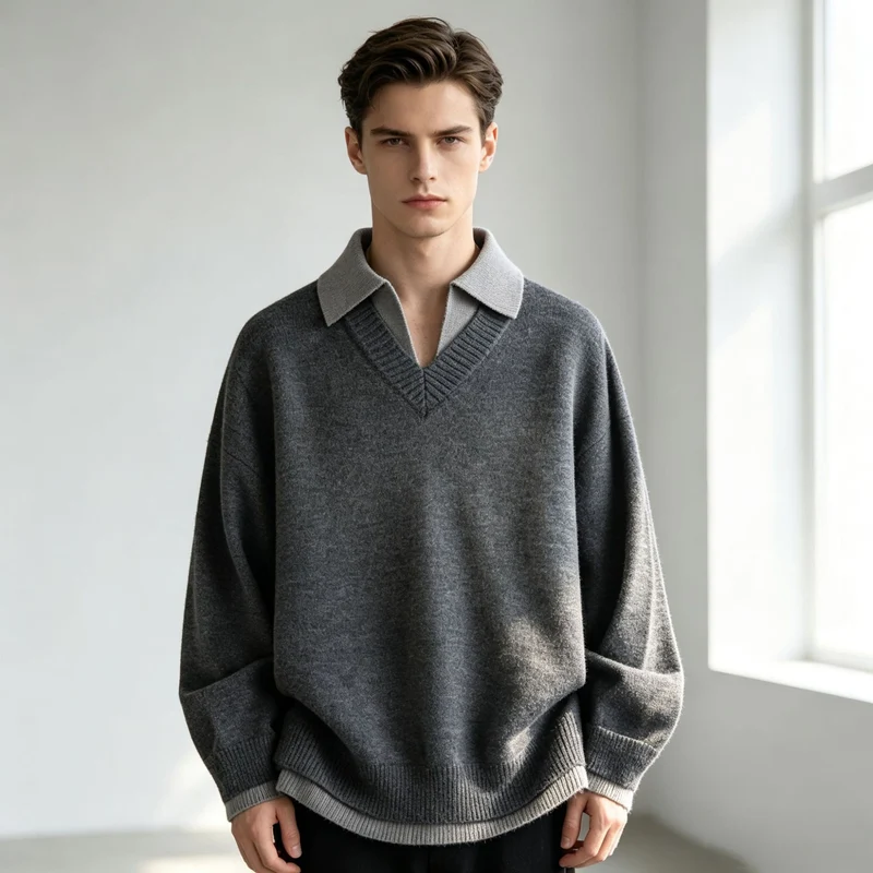 Unisex Lässiger Strukturstrick-Pullover mit offenem Polokragen und tiefem V-Ausschnitt Nord Taschen