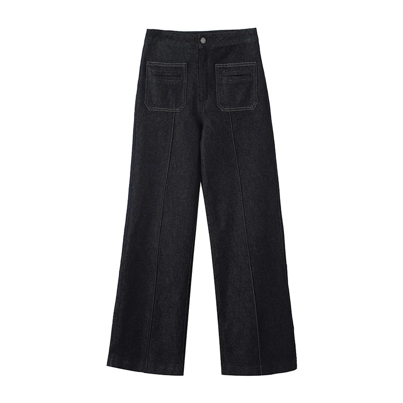 Damen High‑Waist Weite Denimhose mit durchgehender Mittelnaht und aufgesetzten Taschen Nord Taschen