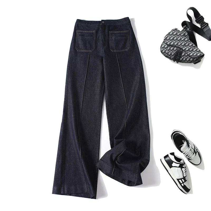 Damen High‑Waist Weite Denimhose mit durchgehender Mittelnaht und aufgesetzten Taschen Nord Taschen