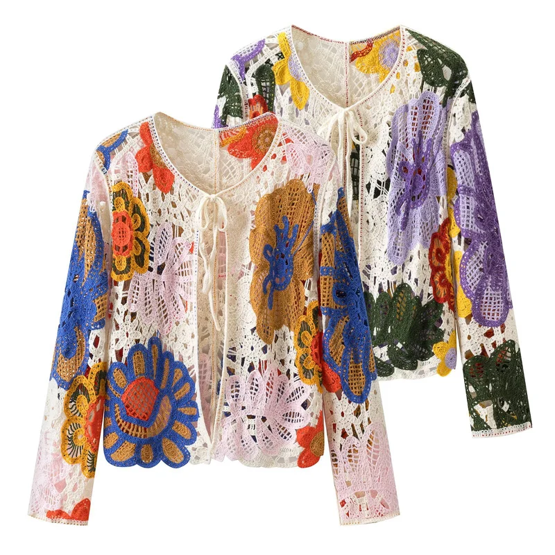 Damen Häkel-Cardigan mit floralen Applikationen und Bindeband Nord Taschen