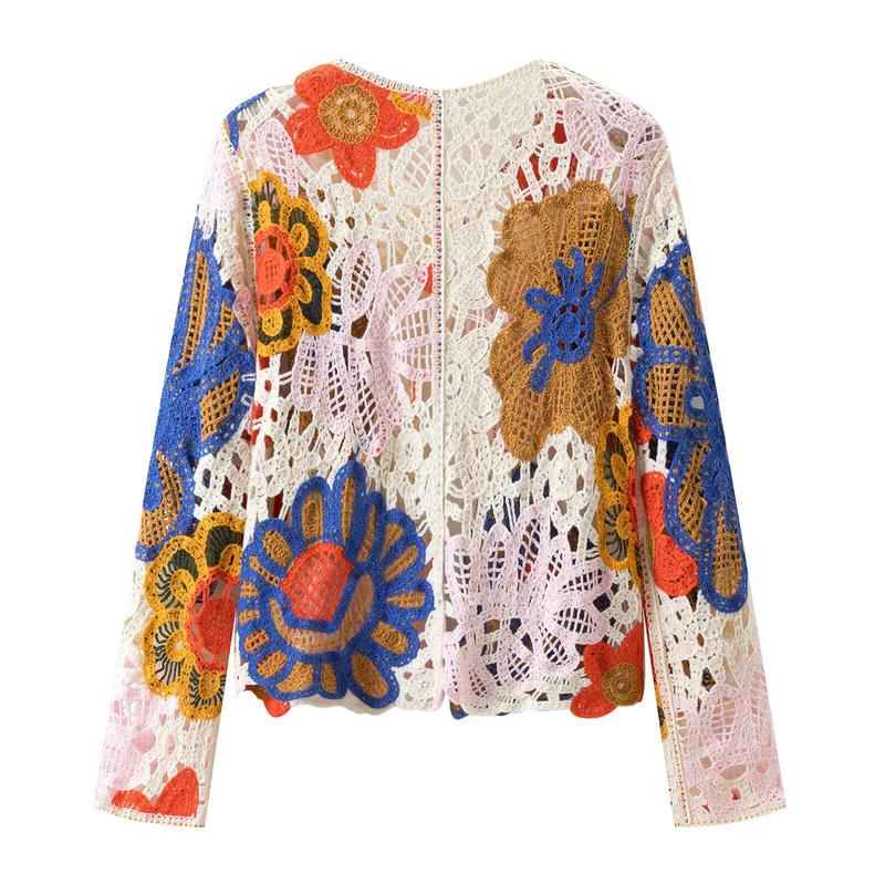 Damen Häkel-Cardigan mit floralen Applikationen und Bindeband Nord Taschen