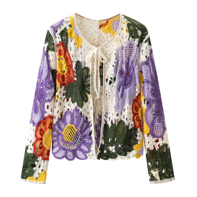 Damen Häkel-Cardigan mit floralen Applikationen und Bindeband Nord Taschen