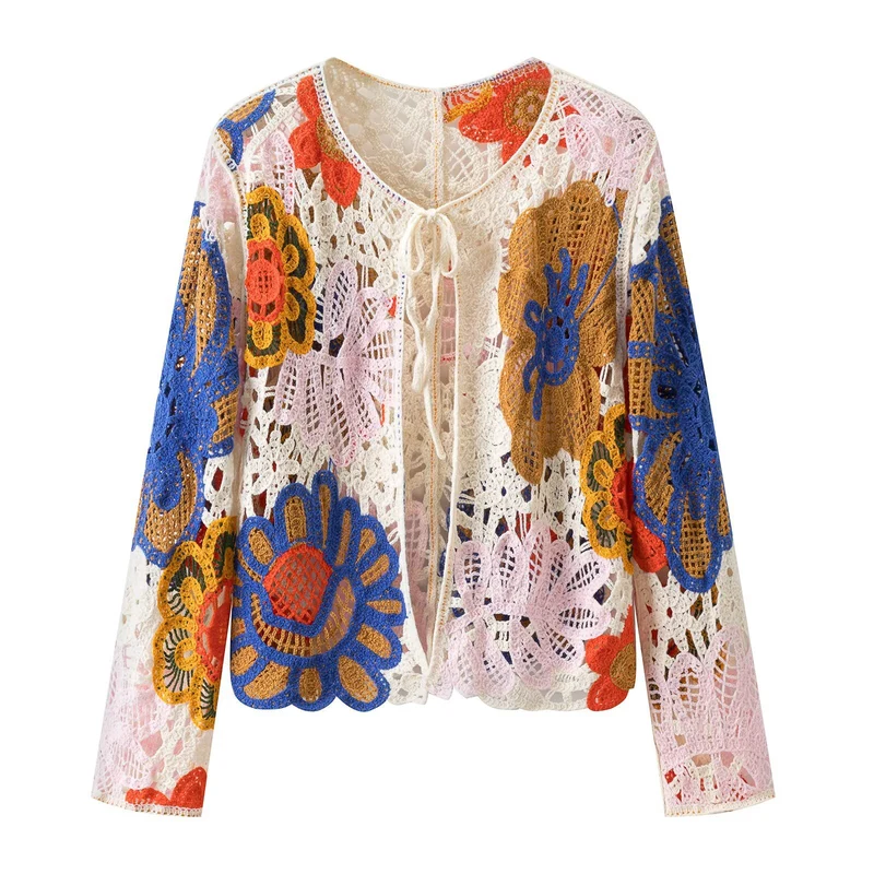 Damen Häkel-Cardigan mit floralen Applikationen und Bindeband Nord Taschen