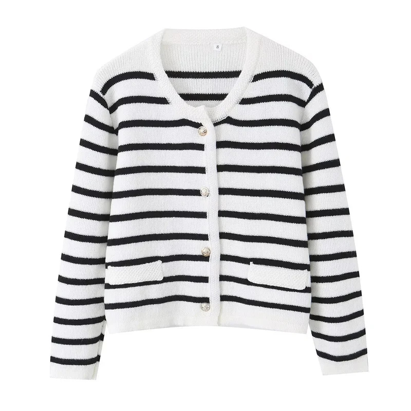 Damen Gestreifte Strickjacke mit Rundhalsausschnitt, Zierknopfleiste und aufgesetzten Taschen Nord Taschen