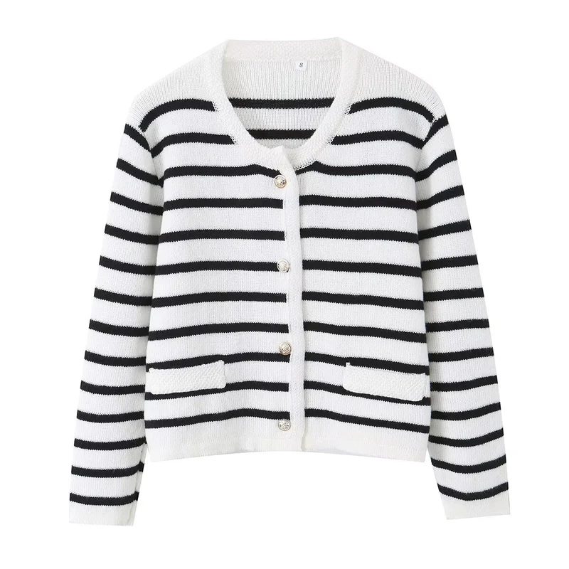 Damen Gestreifte Strickjacke mit Rundhalsausschnitt, Zierknopfleiste und aufgesetzten Taschen Nord Taschen