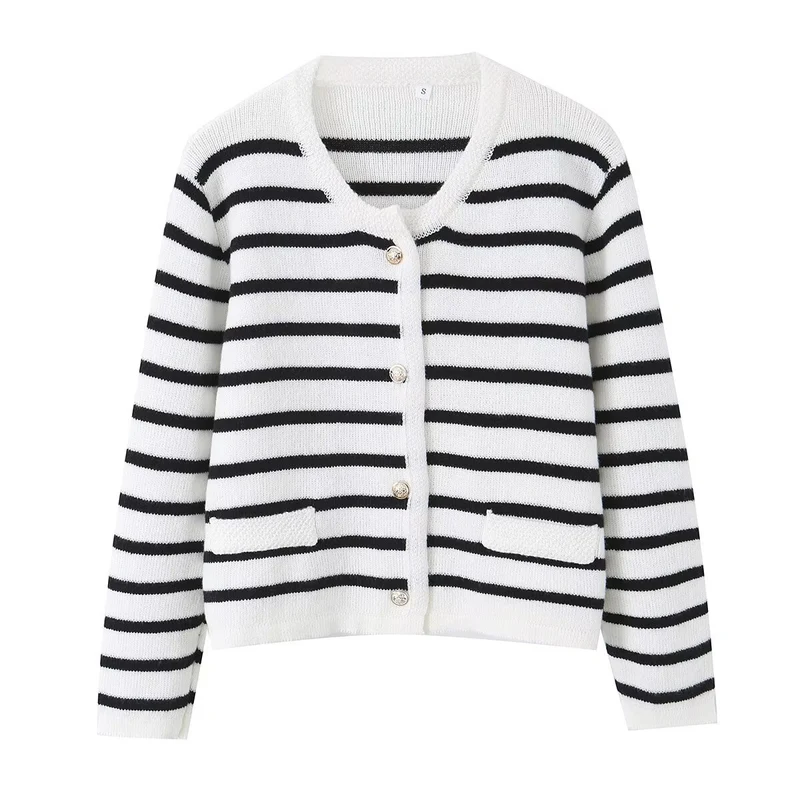 Damen Gestreifte Strickjacke mit Rundhalsausschnitt, Zierknopfleiste und aufgesetzten Taschen Nord Taschen