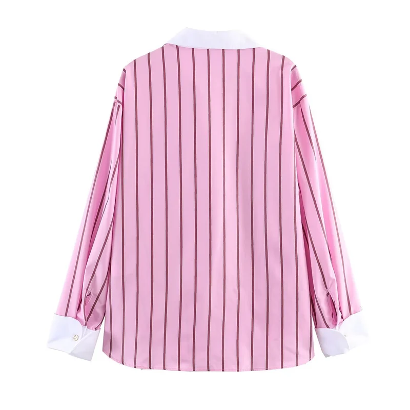 Damen Gestreifte Oversize-Bluse mit kontrastierendem Kentkragen und Manschetten Nord Taschen