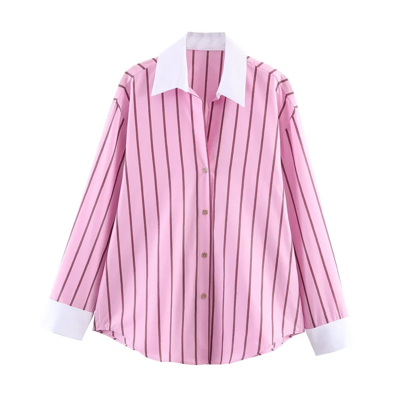 Damen Gestreifte Oversize-Bluse mit kontrastierendem Kentkragen und Manschetten Nord Taschen
