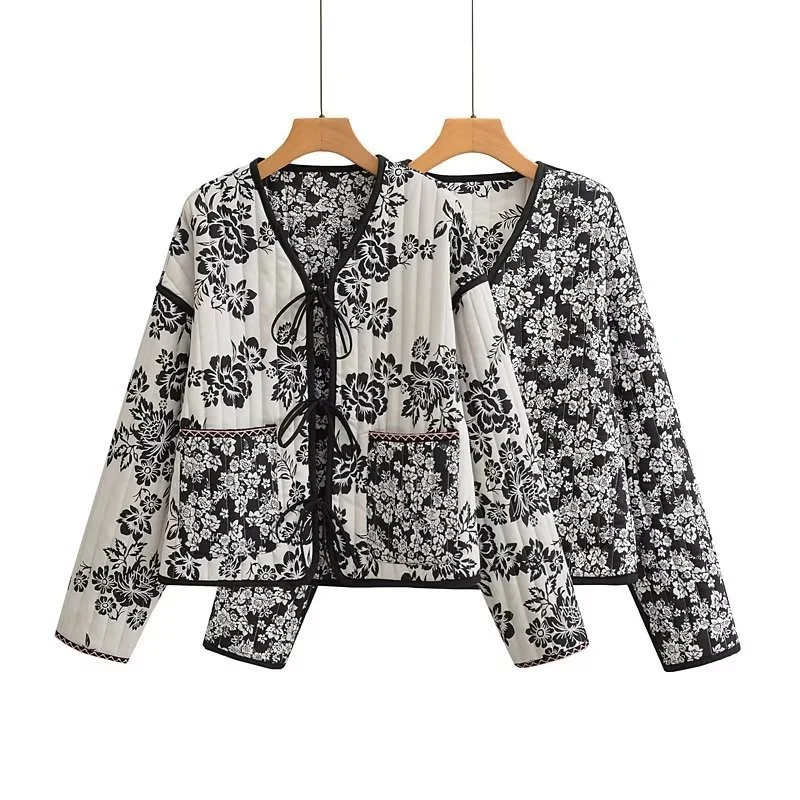 Damen Gestepptes Kurzblouson mit floralem Allover-Print und Bindeschleifen Nord Taschen
