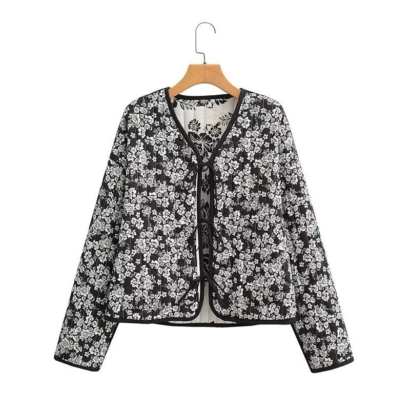 Damen Gestepptes Kurzblouson mit floralem Allover-Print und Bindeschleifen Nord Taschen