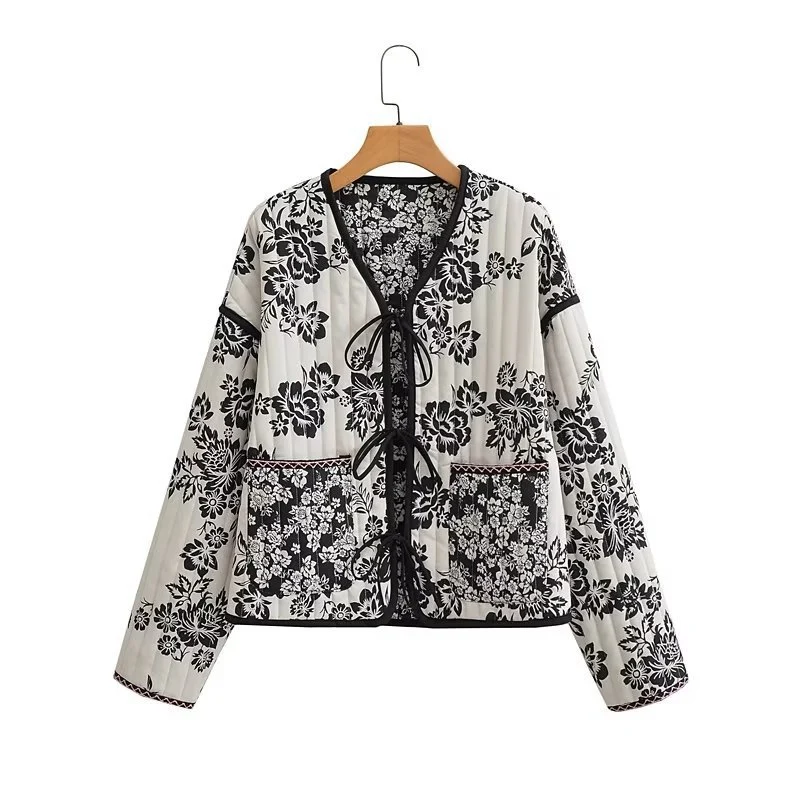 Damen Gestepptes Kurzblouson mit floralem Allover-Print und Bindeschleifen Nord Taschen