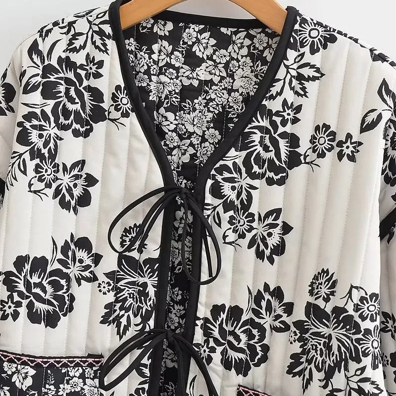 Damen Gestepptes Kurzblouson mit floralem Allover-Print und Bindeschleifen Nord Taschen