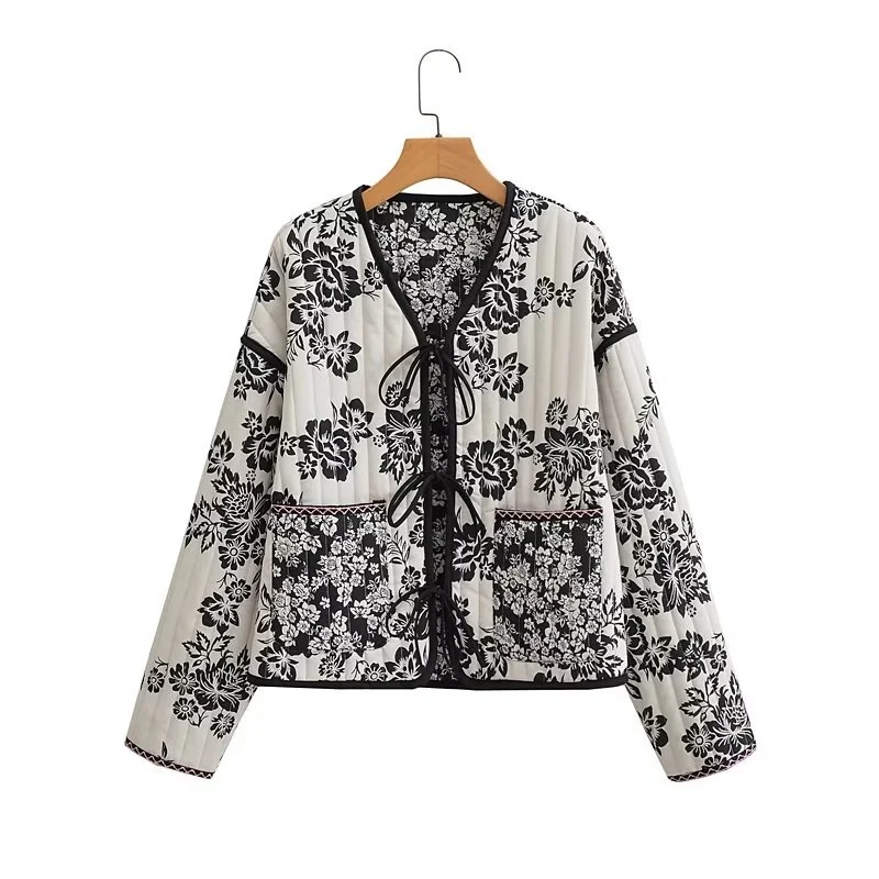 Damen Gestepptes Kurzblouson mit floralem Allover-Print und Bindeschleifen Nord Taschen