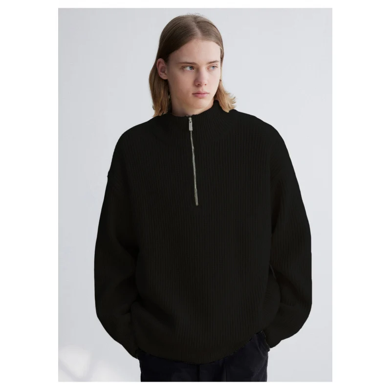 Herren Oversized Rippstrick-Halbzippullover mit verlängertem Arm und hohem Stehkragen Nord Taschen