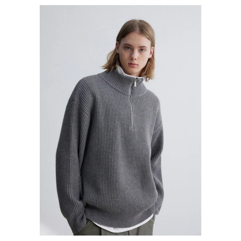Herren Oversized Rippstrick-Halbzippullover mit verlängertem Arm und hohem Stehkragen Nord Taschen