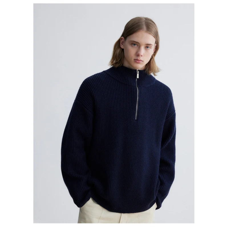Herren Oversized Rippstrick-Halbzippullover mit verlängertem Arm und hohem Stehkragen Nord Taschen