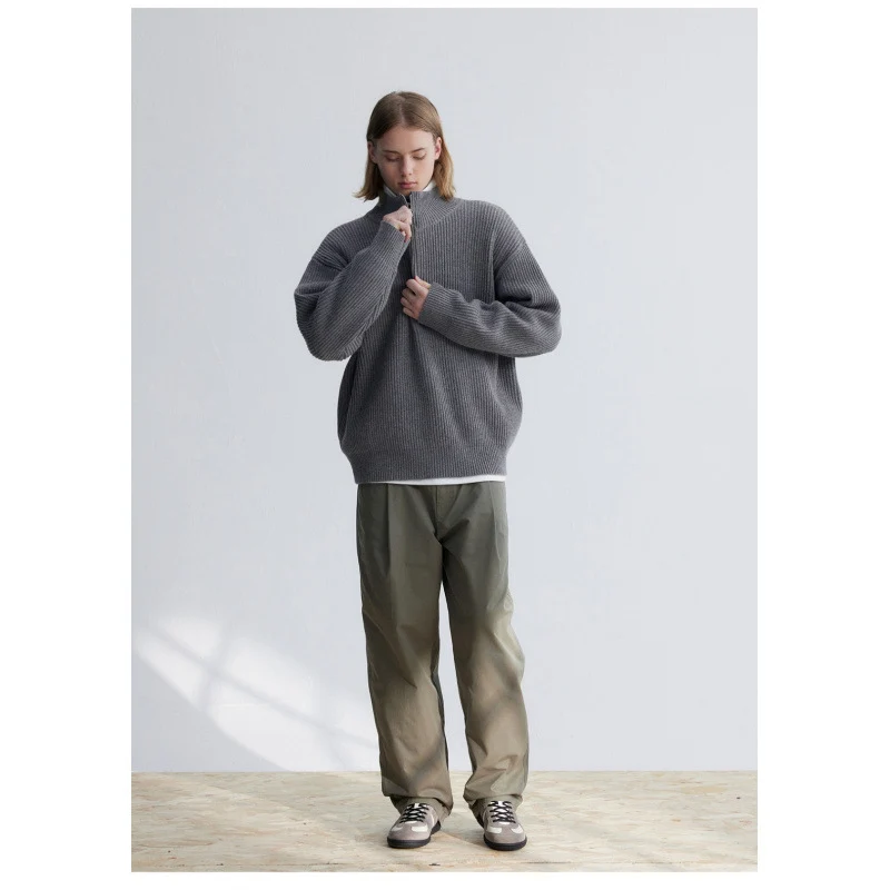 Herren Oversized-Rippenstrick Halbzip-Pullover mit Stehkragen Nord Taschen
