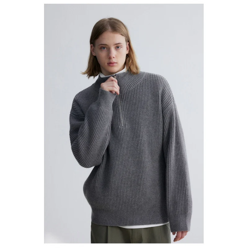 Herren Oversized-Rippenstrick Halbzip-Pullover mit Stehkragen Nord Taschen