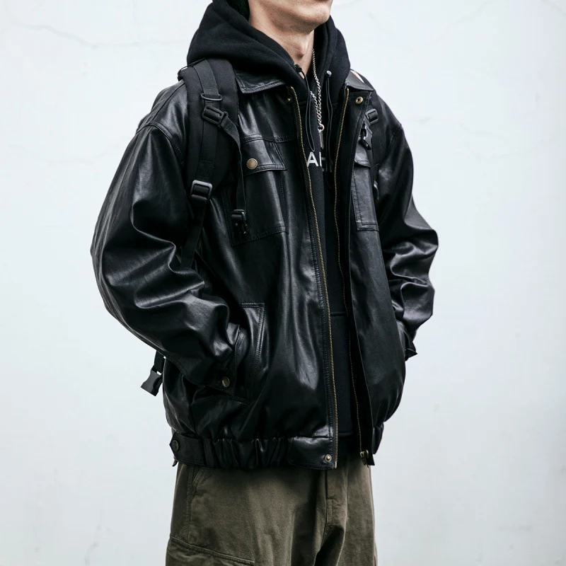 Herren Oversized Lederoptik-Utility-Jacke mit Pattentaschen und elastischem Saum Nord Taschen
