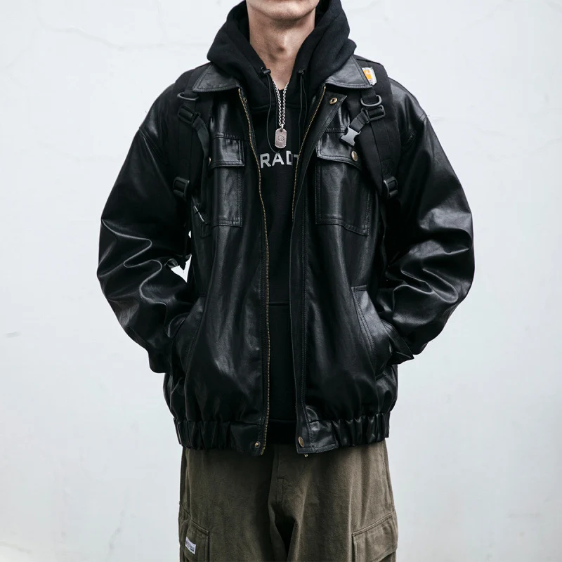 Herren Oversized Lederoptik-Utility-Jacke mit Pattentaschen und elastischem Saum Nord Taschen