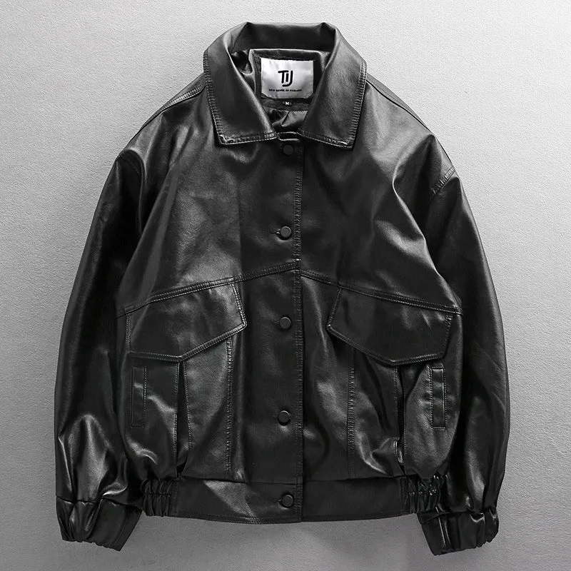 Herren Oversized Lederimitat-Utility-Jacke mit Pattentaschen und elastischem Saum Nord Taschen