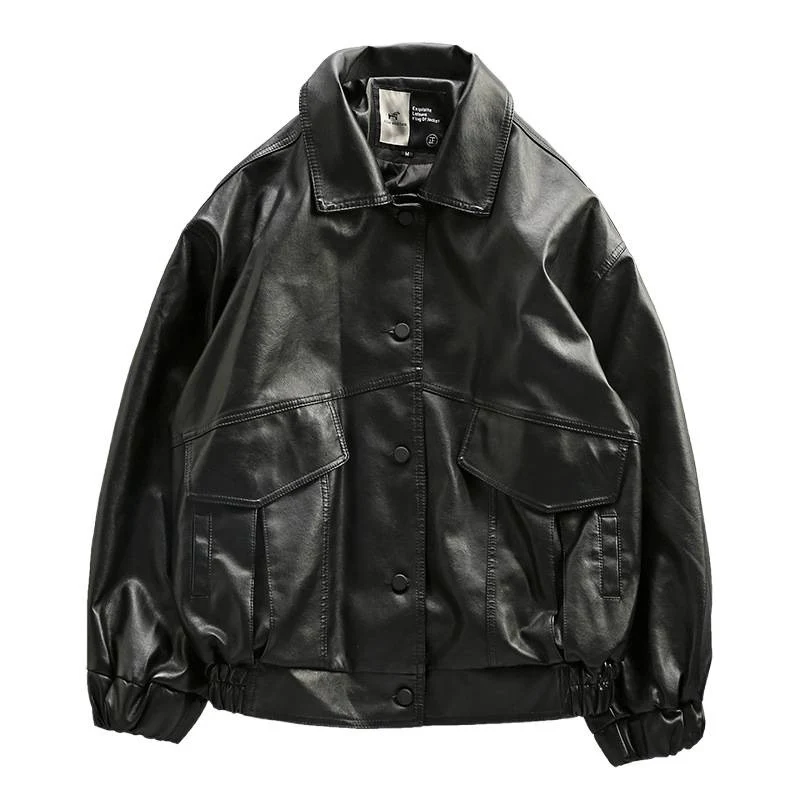 Herren Oversized Lederimitat-Utility-Jacke mit Pattentaschen und elastischem Saum Nord Taschen