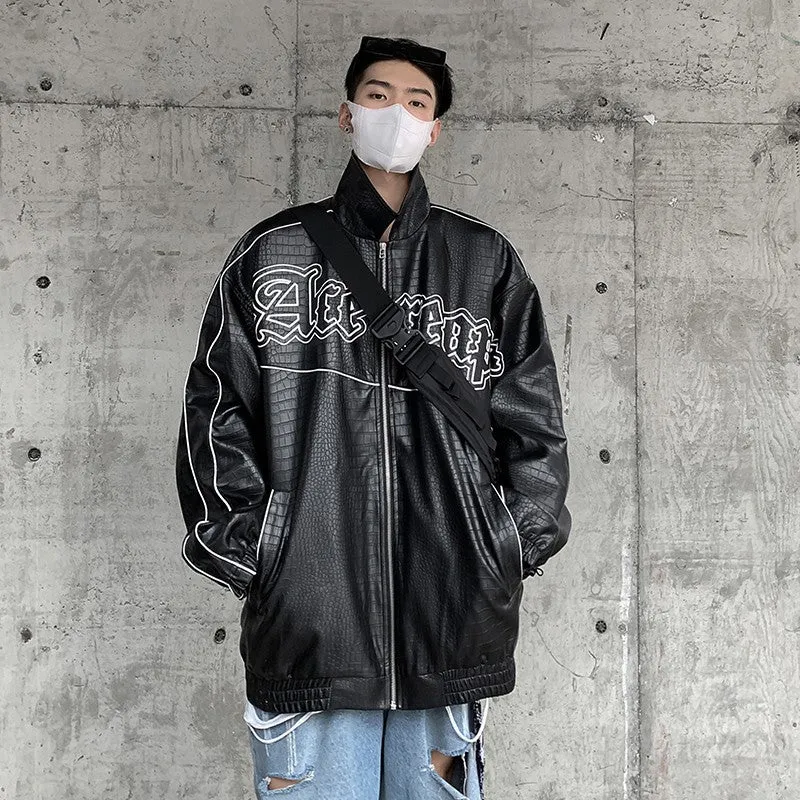 Herren Oversized Kunstlederjacke mit Krokodilprägung und Kontrastpaspel Nord Taschen